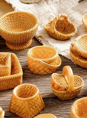 创意仿真藤编篮子竹编筐 diy装饰品配件迷你拍摄造景收纳框小摆件