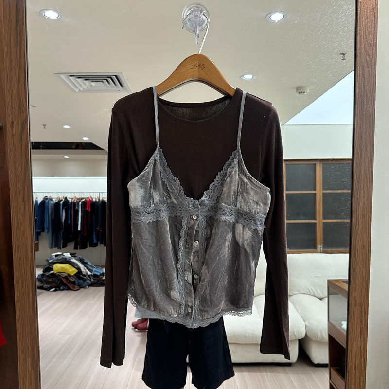 欧洲站秋季蕾丝吊带背心女套装