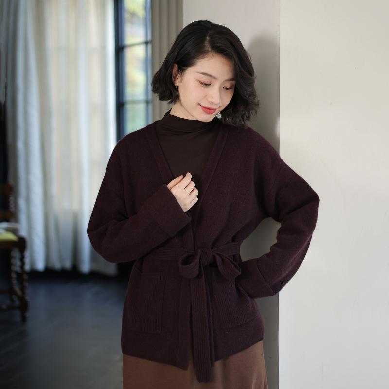 北京瓷片系带开衫V领针织羊毛