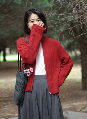 G25M-018【深秋帘幕】北京瓷片高端复古文艺羊毛绞花立领拉链开衫