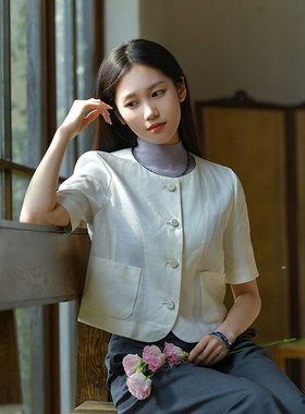 G24Q-008【夏云】瓷片高端复古文艺气质款素雅白色短袖短上衣