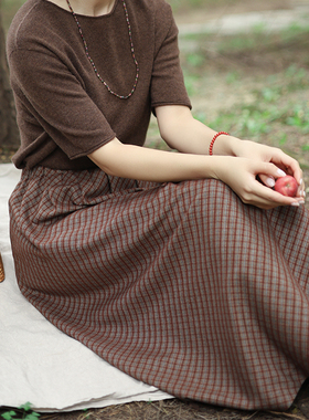 G25Q-033【暮云潇湘】北京瓷片高端复古文艺松紧腰A摆格纹半身裙