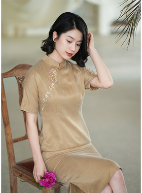 G23S-001【飞花渡】瓷片高端复古文艺设计师原创三色铜氨旗袍