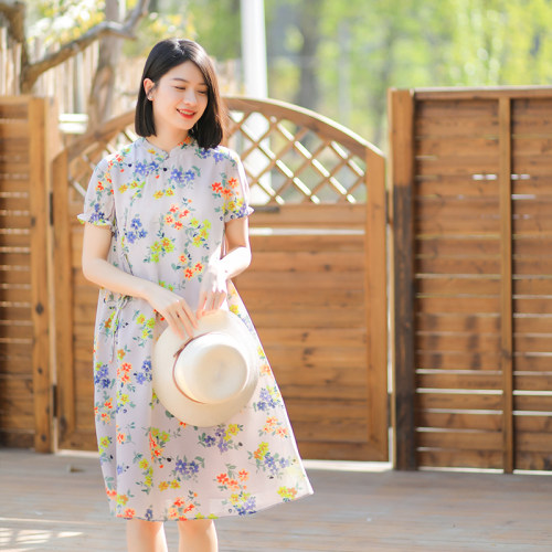 桑蚕丝印花短袖旗袍裙A字型