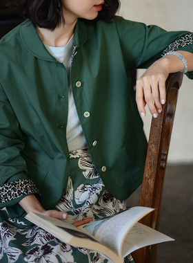 G25C-016【邀明月】瓷片高端复古文艺棉质绿色短款上衣风衣