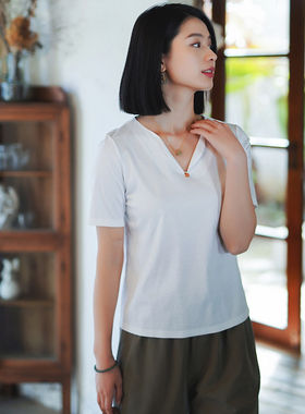 7-G22S-023【青叶红枝】瓷片高端复古V领两色全棉基础款T恤
