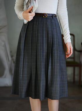 G25C-038【落默】瓷片高端复古文艺气质款灰蓝色格子叠褶半裙