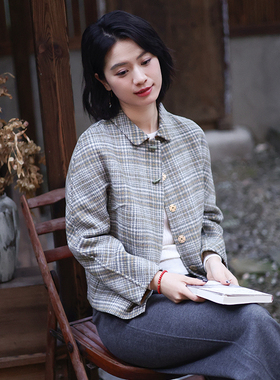 G25D-050【垂云】北京瓷片高端复古文艺羊毛双面呢格子外套上衣