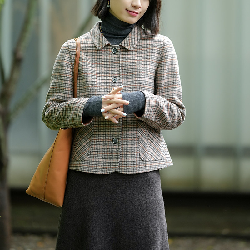 G23D-006【路遥马徐】瓷片高端复古文艺格纹羊毛双面呢羊毛短外套,女装/女士精品,短外套,淘宝优惠券,粉丝福利购,淘宝优惠卷