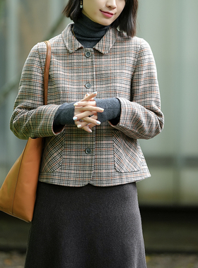 G23D-006【路遥马徐】瓷片高端复古文艺格纹羊毛双面呢羊毛短外套