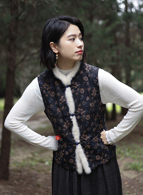 G25D-015【秋色入画】北京瓷片高端复古文艺水貂毛边中式提花马甲