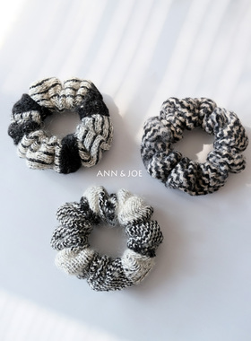 新款黑白色系条纹羊毛发圈秋冬软糯大肠圈女复古柔软温暖头绳发饰