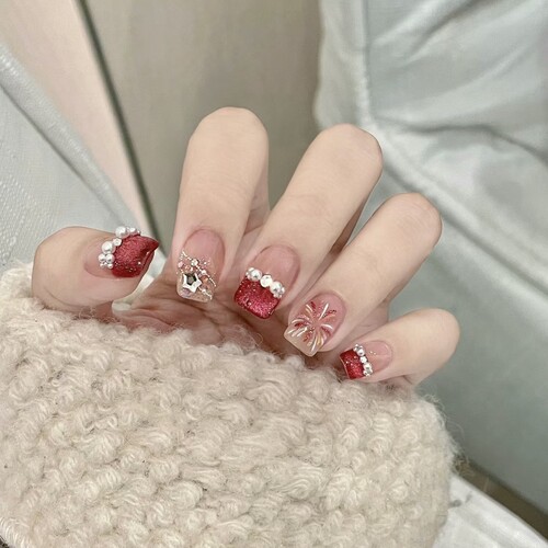 樱桃红烟花猫眼法式珍珠美甲贴