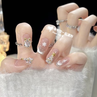 NZ手工定制甲片可拆卸穿戴假指甲冬日氛围感仙气雪花圣诞猫眼美甲