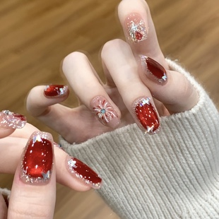 NZ手工定制甲片可拆卸穿戴假指甲光疗贴灯红焰火闪闪烟花猫眼美甲