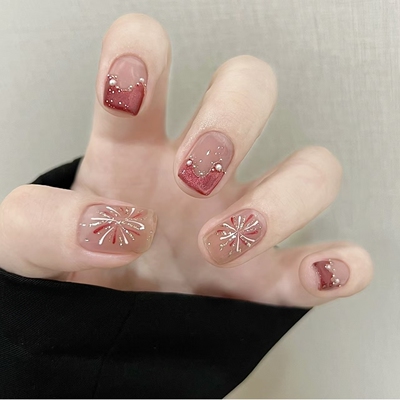 显白红色猫眼烟花绽放美甲