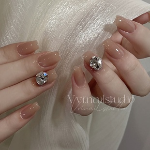 NZ手工定制甲片拆卸穿戴假指甲光疗贴百搭显白短款裸透色钻球美甲