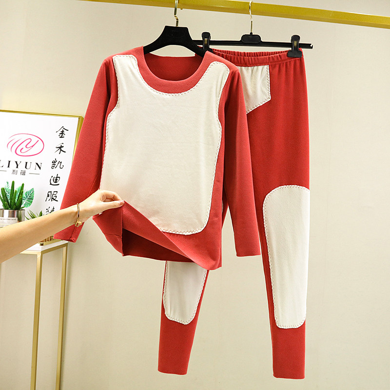 DERONG 가열 플러스 벨벳 두꺼운 열 속옷 여성용 가을 겨울 양면 벨벳 슬림 피트 대형 가을 옷과 긴 바지 세트