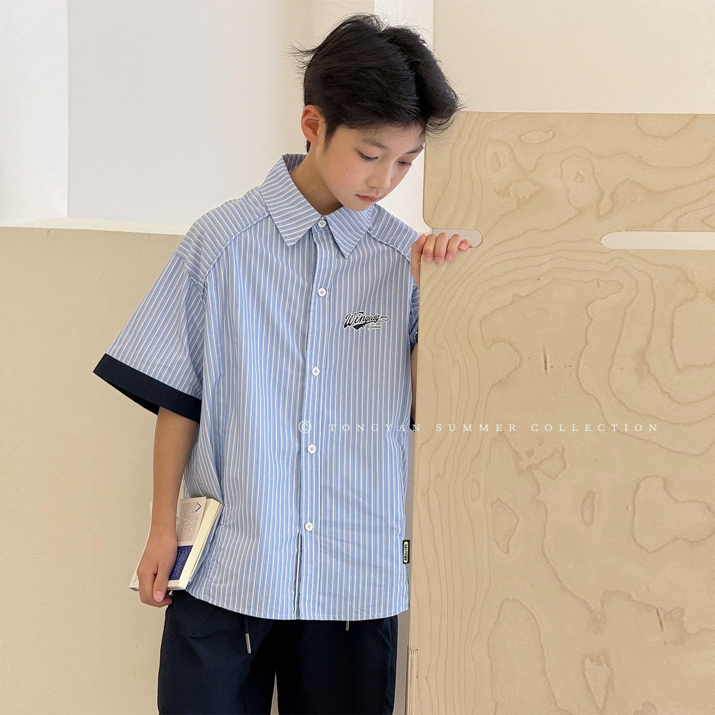 男童短袖衬衫2026夏季新款韩版中大童上衣条纹半袖薄款儿童衬衣潮