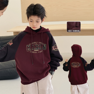 加厚上衣保暖儿童外套 连帽中大童套头衫 男童加绒卫衣2025冬装 新款