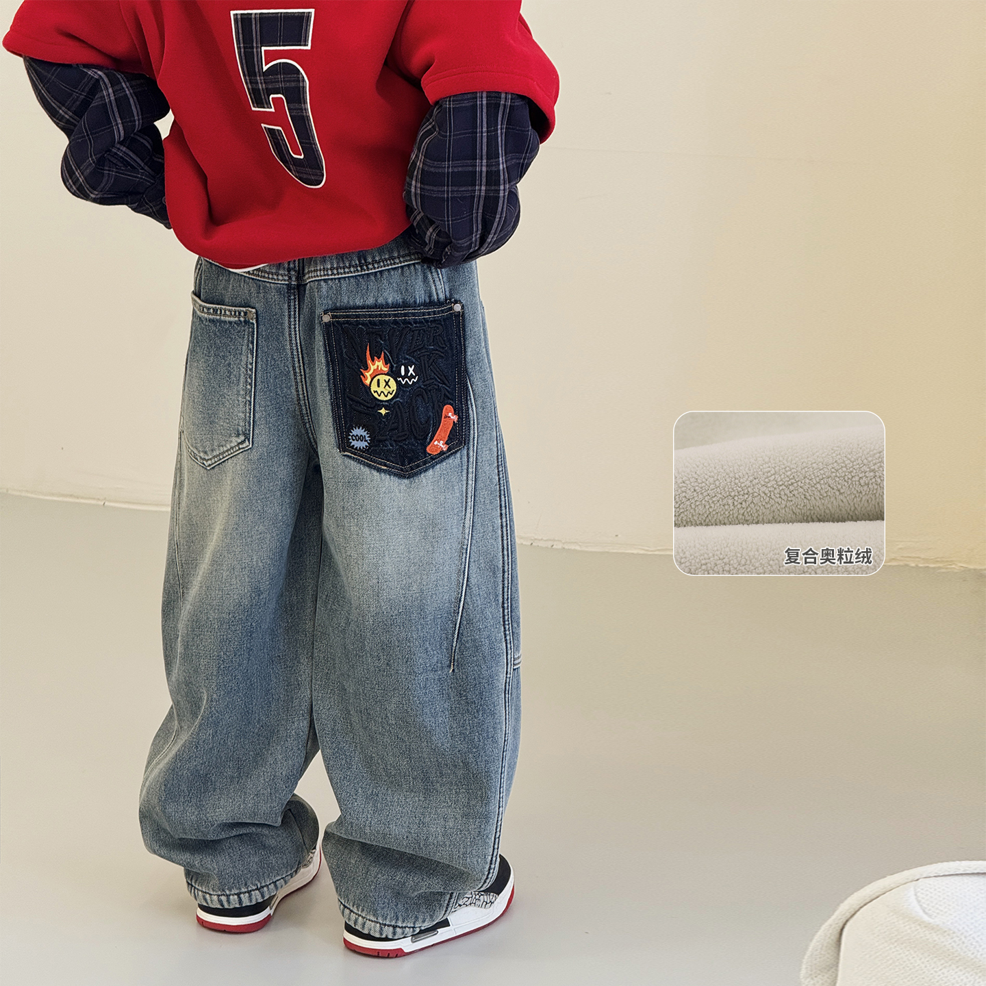 男童加绒裤子帅气一体绒牛仔裤厚