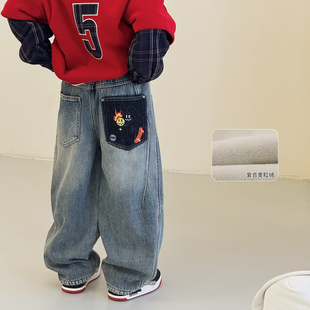子2025冬装 儿童牛仔裤 新款 帅气一体棉裤 厚 中大童直筒裤 男童加绒裤