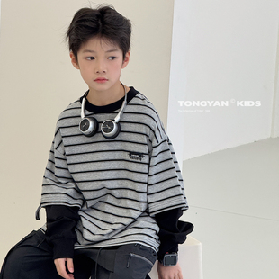 男童长袖T恤2026春装新款韩版儿童条纹打底假两件上衣中大童体恤