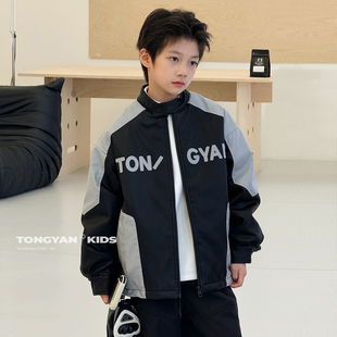 男童外套夹棉2025冬装 中大童加厚上衣潮酷棉袄机车风儿童皮衣 新款