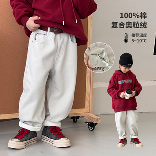 子2024冬装 儿童牛仔裤 新款 加厚一体棉裤 潮 中大童老爹裤 男童加绒裤