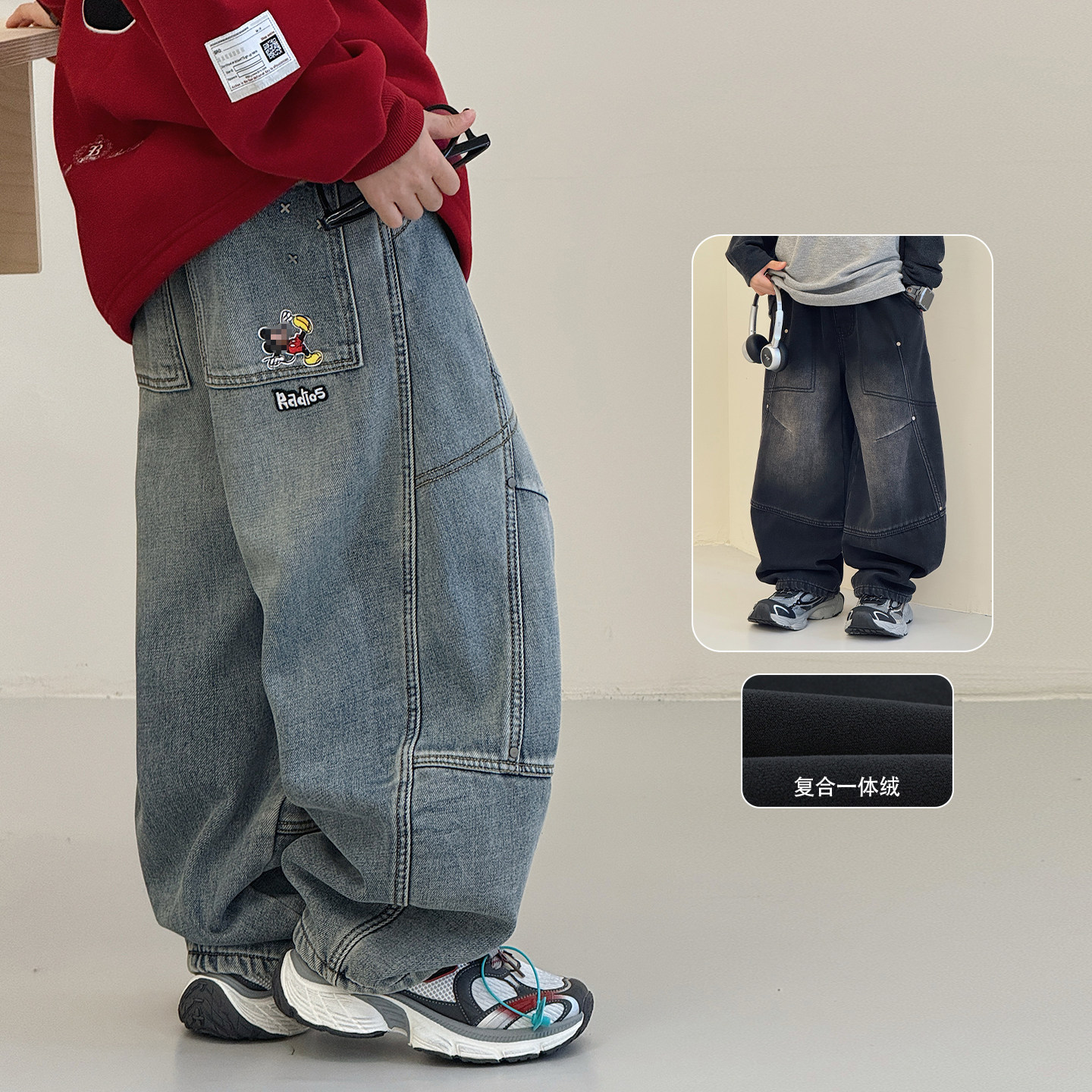 男童加绒裤子2025冬装新款加厚中大童长裤一体绒棉裤儿童牛仔裤暖