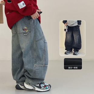 子2025冬装 儿童牛仔裤 新款 一体绒棉裤 暖 加厚中大童长裤 男童加绒裤
