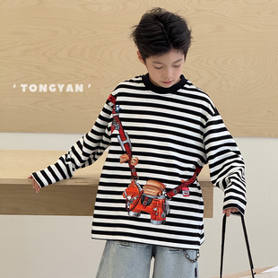 男童长袖T恤2026早春新款韩版中大童条纹上衣纯棉打底衫儿童体恤
