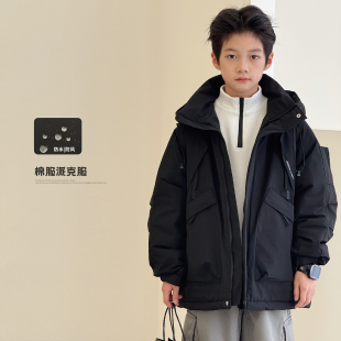 夹克加厚连帽上衣中大童冲锋衣 男童工装 儿童棉服外套2025冬装 新款