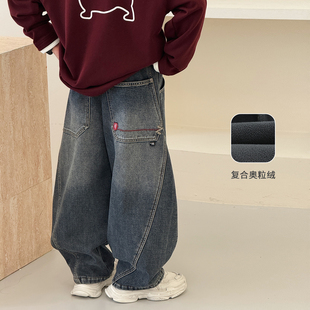 子2025冬装 儿童牛仔裤 新款 加厚棉裤 暖 自制中大童老爹裤 男童加绒裤