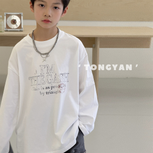 宽松中大童纯棉打底衫 新款 洋气白色儿童上衣 2026春装 男童t恤长袖