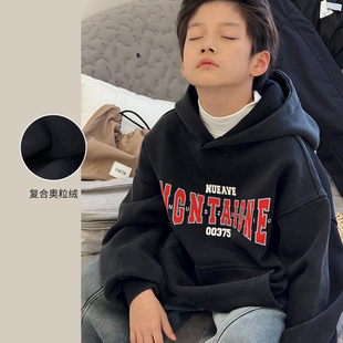中大童连帽上衣加厚套头衫 男童加绒卫衣2025冬装 儿童外套 黑标