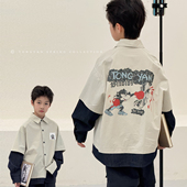 中大童翻领上衣假两件韩版 男童衬衫 新款 2026春季 外套儿童衬衣 长袖