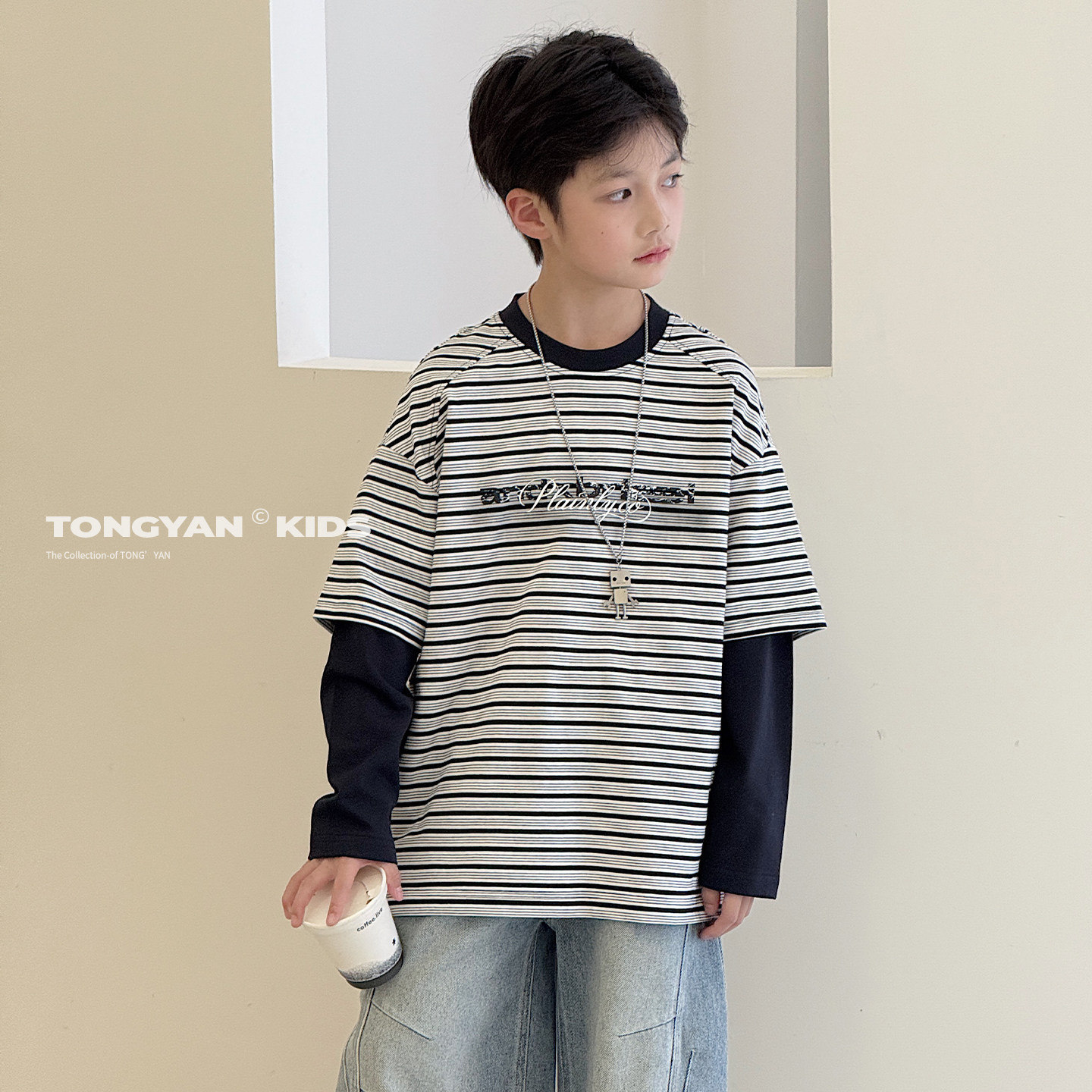 男童长袖T恤2026春装新款韩版儿童条纹打底衫假两件中大童体恤潮