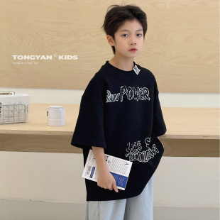 纯棉上衣宽松儿童五分袖 男童短袖 潮酷中大童半袖 新款 T恤2026夏季