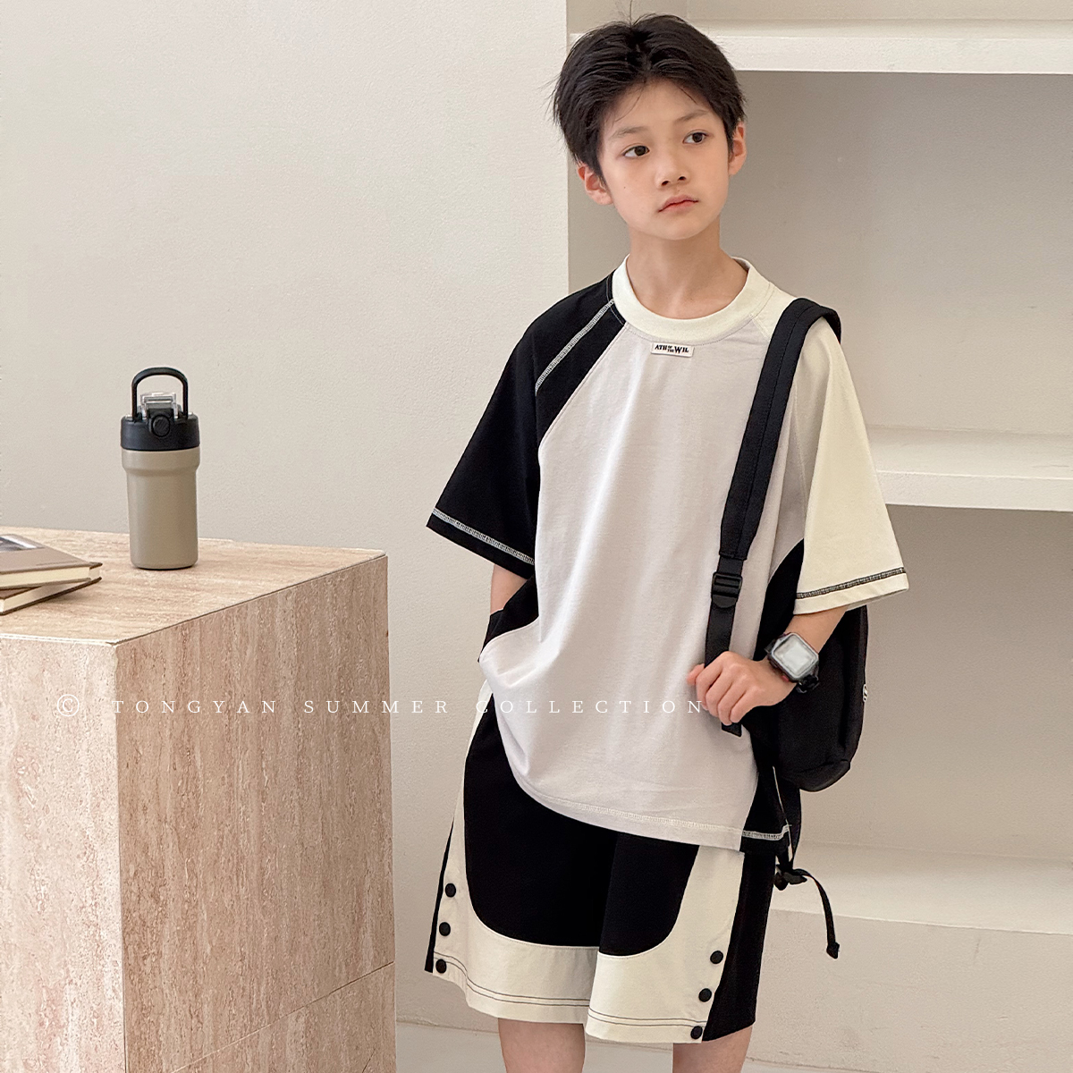 男童夏装套装2025自制儿童短袖T恤撞色五分裤中大童运动两件套薄