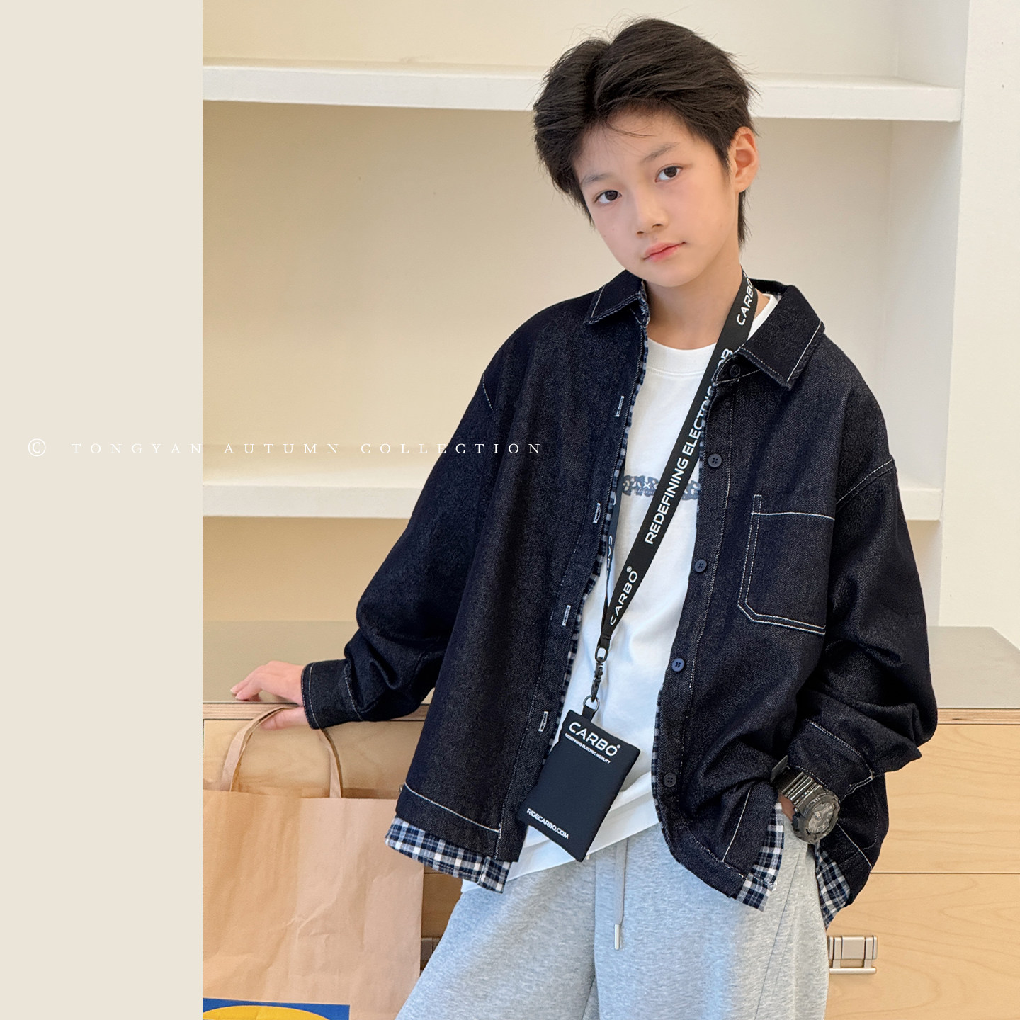 男童牛仔衬衫2026秋装新款韩版中大童洋气上衣假两件衬衣儿童外套