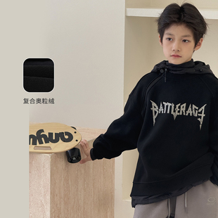 连帽上衣保暖儿童外套 中大童加厚套头衫 男童加绒卫衣2025冬装 新款