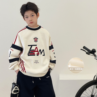 厚中大童外套 一体绒儿童上衣圆领套头衫 童装 男童加绒卫衣2025冬装