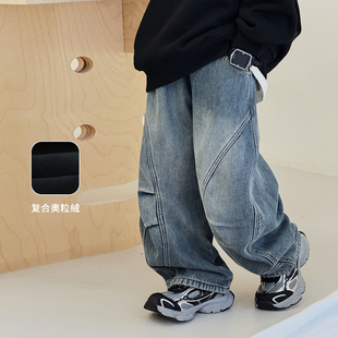 子2025冬装 儿童老爹裤 新款 保暖棉裤 自制中大童厚牛仔裤 男童加绒裤