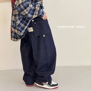 自制洋气中大童工装 新款 裤 宽松长裤 潮 男童裤 儿童牛仔裤 子2025秋装