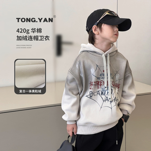 套头衫 自制中大童加厚上衣韩版 儿童外套 新款 男童加绒卫衣2024冬装