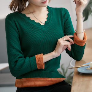 紧身低领秋冬内搭针织打底衫 修身 加绒毛衣女加厚保暖V领套头短款