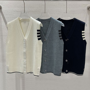 TB风2024秋冬新款四道杠学院风V领条纹百搭羊毛针织开衫无袖马甲