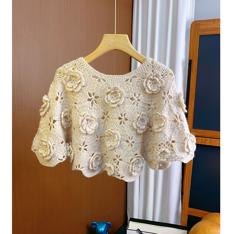 镂空钩花羊毛斗篷披肩圆领套头