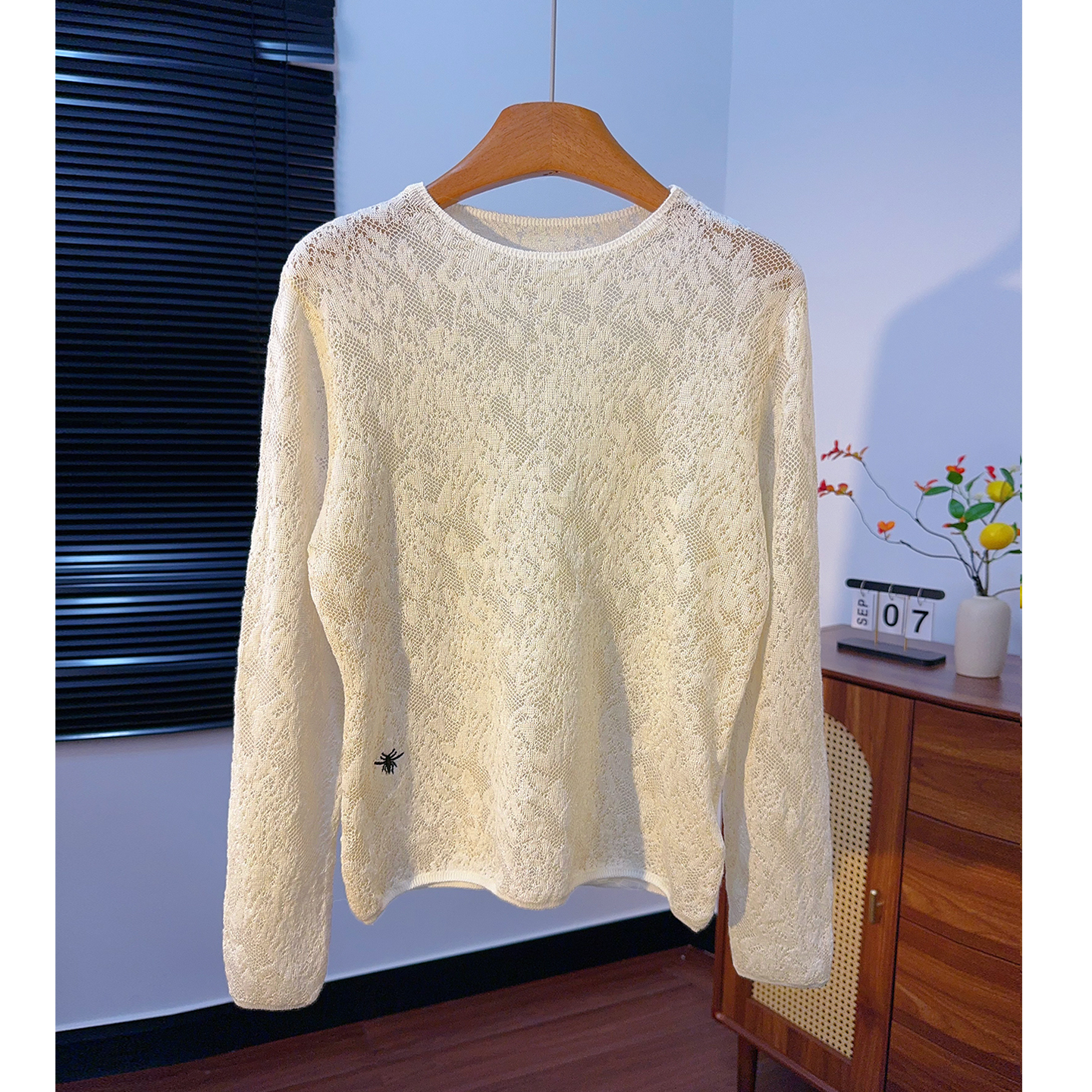 神秘氛围感！细针~100%羊毛法式镂空提花打底针织衫上衣女秋薄款